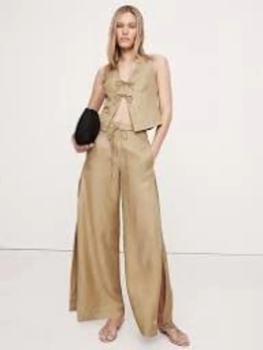Banana Republic Tan Wide Slit Leg Linen Blend Pants Women’s 12L 12 Long NEW